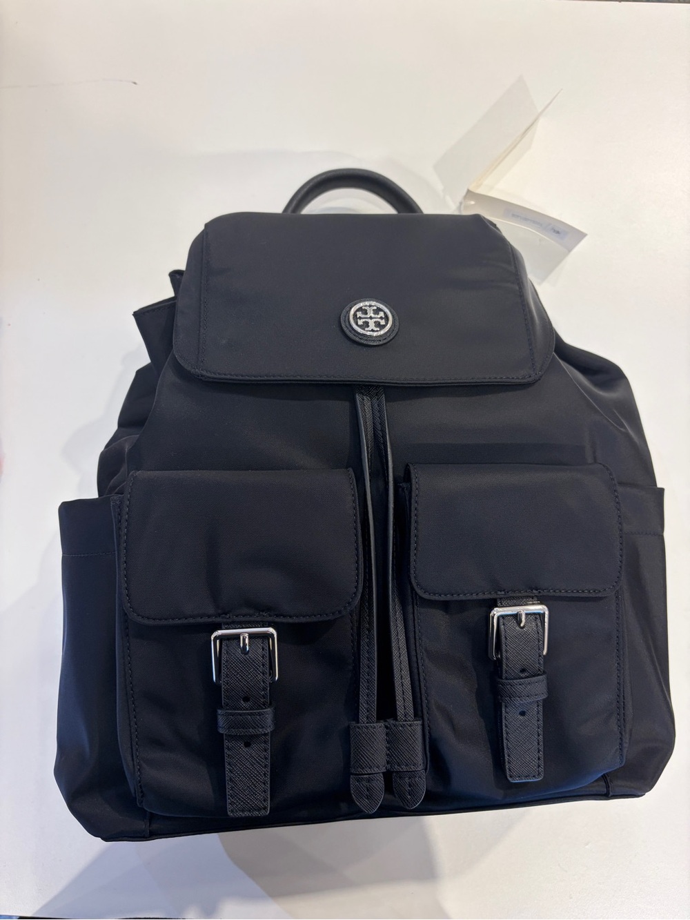 Tory Burch Black Virginia Flap Backpack Nylon Front-Pocket Drawstring